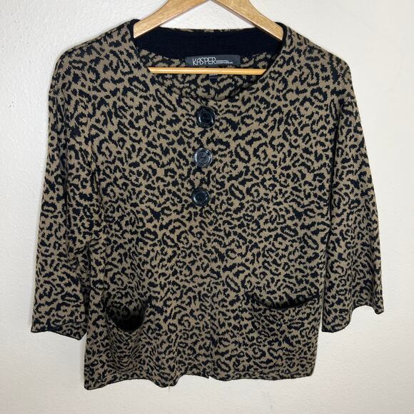 Kasper Wool Blend Black Brown Animal Print Cardigan Medium - Picture 1 of 9